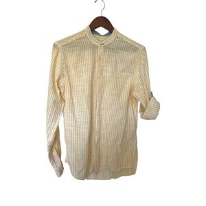 Zara Man Yellow White Striped Linen Blend Band Collar Shirt Size M 180/96A